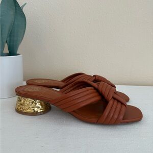 Vince Camuto Lomala Tan Leather Slide Heels with Gold Accent .New.